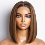 Glueless Chestnut Brown Highlights Blunt Cut, Silky Straight 4x4 Closure HD Lace Bob,14''  Wig 100% Human Hair